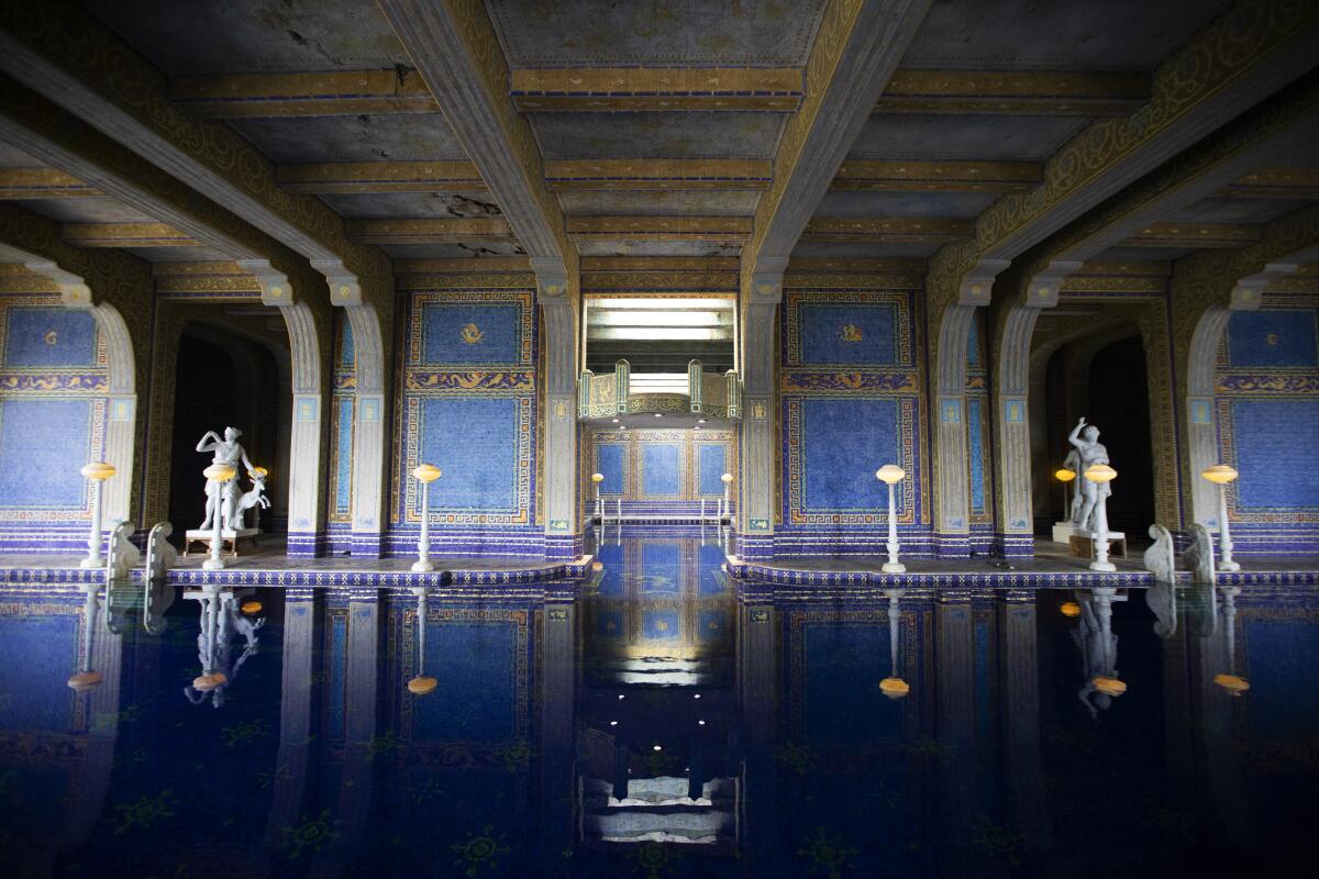 The Roman Pool at Hearst Castle is a tiled indoor pool decorated with eight statues of Roman gods, goddesses and heroes.