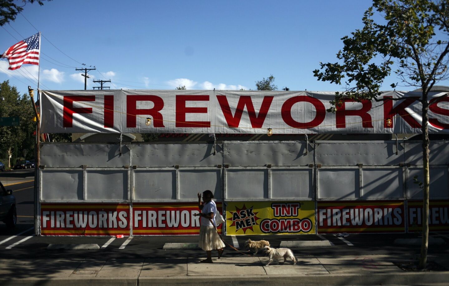 A woman walks dogs past a fireworks stand in Santa Ana.