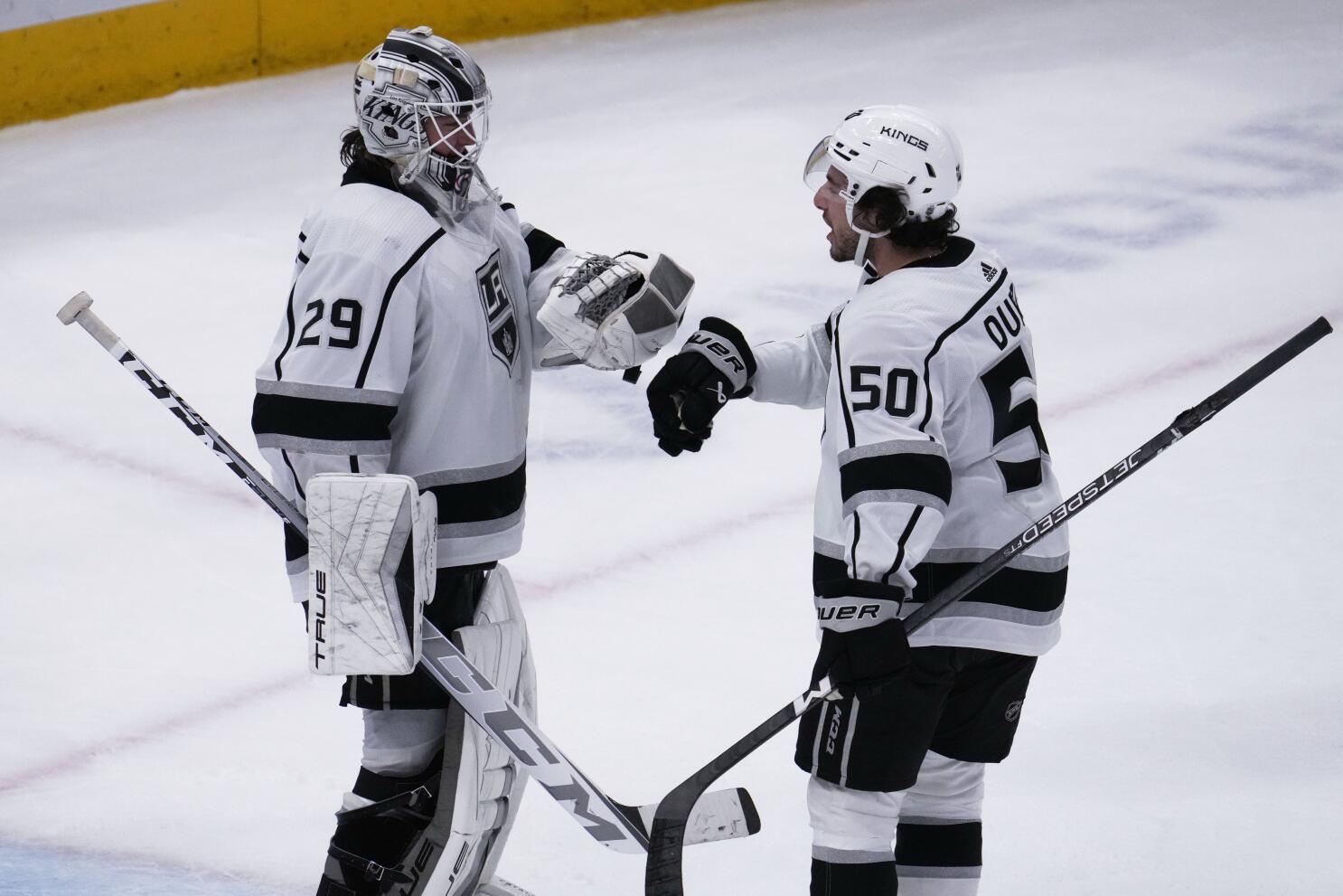 Los Angeles Kings defenseman Sean Durzi celebrates a goal with Los