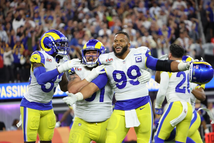 Rams defensive end Aaron Donald celebrates near the end of the Super Bowl.