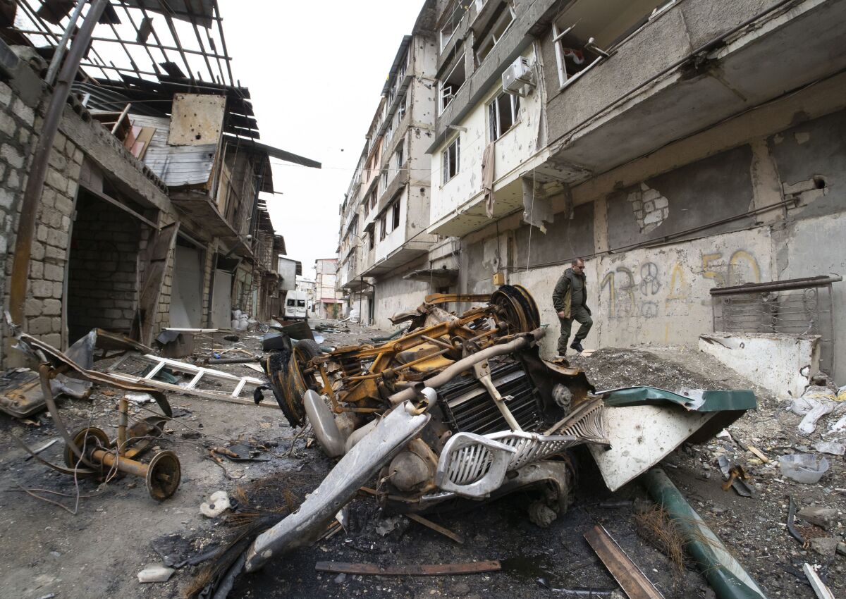 Apartment building damaged by shelling by Azerbaijani artillery in Nagorno-Karabakh