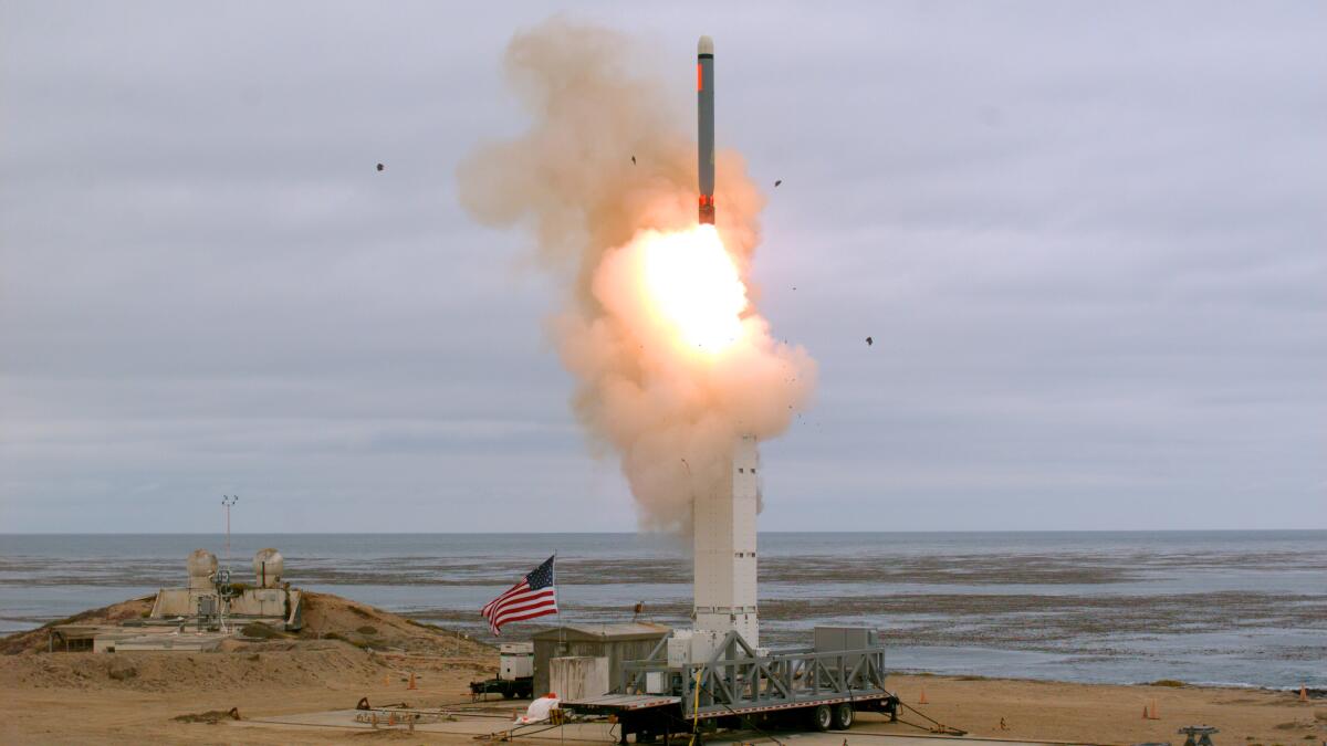 A cruise missile launches on San Nicolas Island off the coast of California on Sunday.