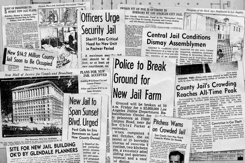 Collage of archived newspaper headlines about a new jail construction and poor conditions