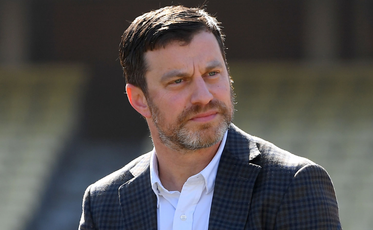Andrew Friedman, the Dodgers' president of baseball operations, takes part in a news conference.