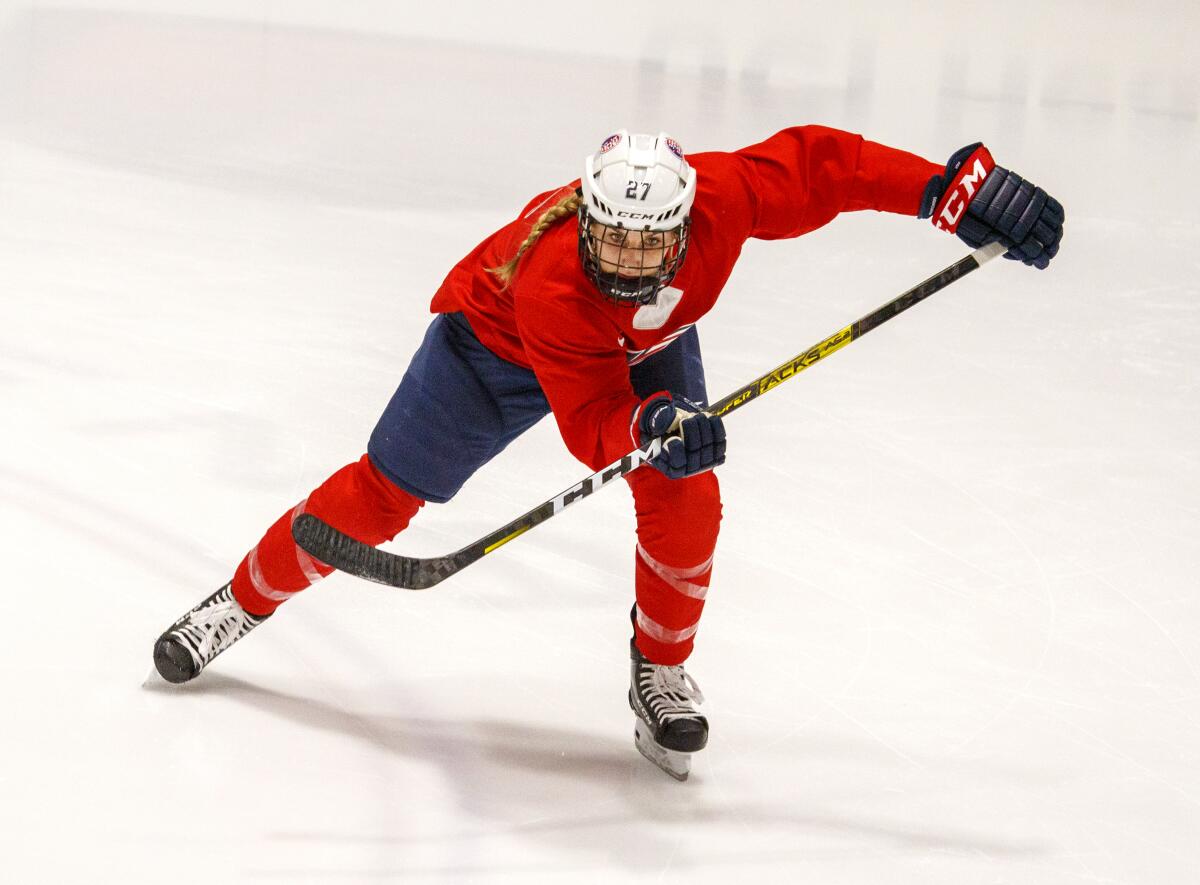 U.S. Women's hockey forward Annie Pankowski, from Laguna Hills, practices with the team as they start training camp at Great Park Ice in Irvine on Wednesday.