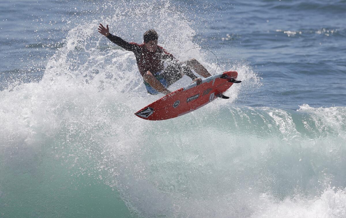 Chance Gaul performs an air-reverse over a closeout section in the Brooks Street Surfing Classic.