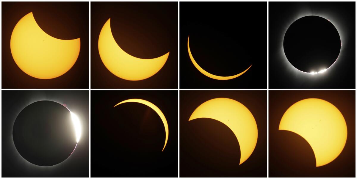 Esta combinación de fotografías muestra el trayecto del sol durante un eclipse total, el lunes 21 de agosto 