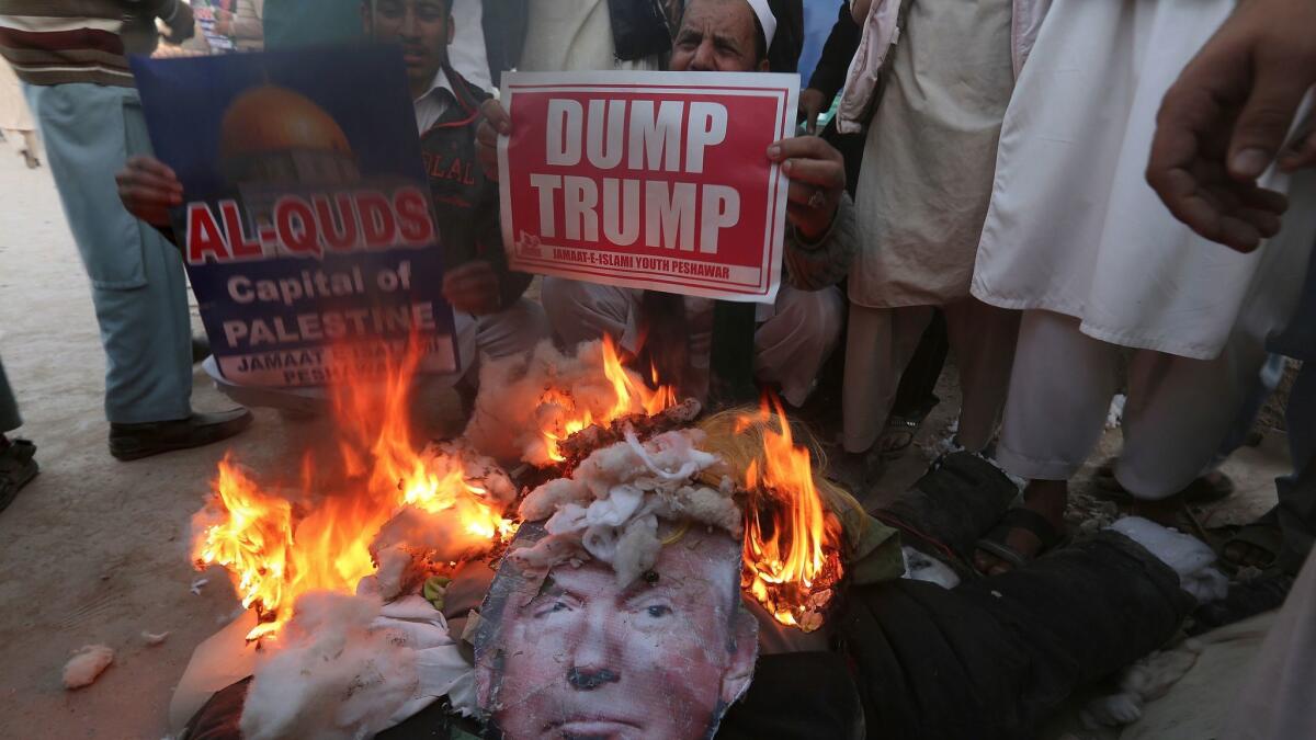 An anti-American rally to condemn Trump for declaring Jerusalem as Israel's capital, in Peshawar, Pakistan on Dec. 22.