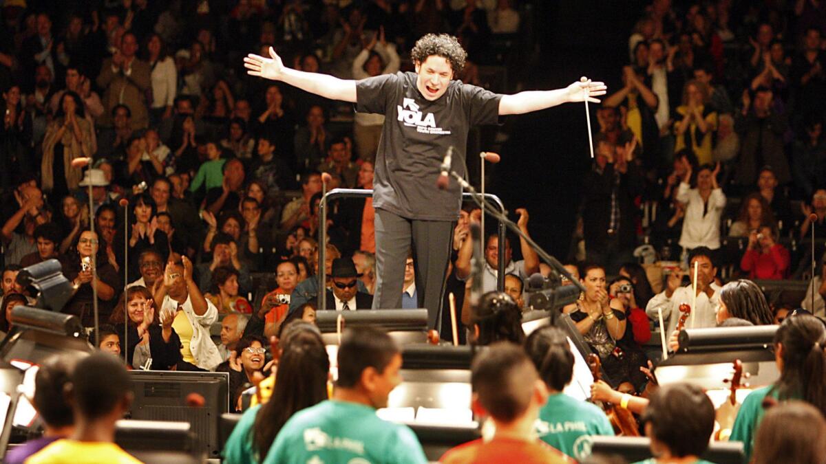 Gustavo Dudamel conducts the Youth Orchestra Los Angeles at a special free Hollywood Bowl concert Oct. 3, 2009, an event that has inspired the free Hollywood Bowl concert nine years later to help inaugurate the Los Angeles Philharmonic's centennial season.