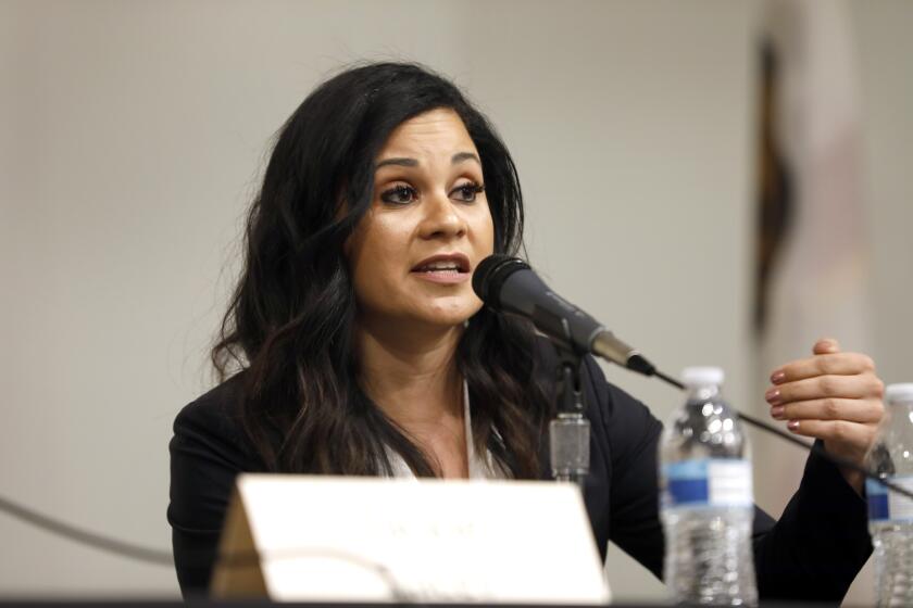 LOS ANGELES, CALIFORNIA—DEC. 11, 2019—Public Defender Rachel Rossi took part in the debate at the California African-American Museum on Wednesday, Dec. 11, 2019. (Carolyn Cole/Los Angeles Times)