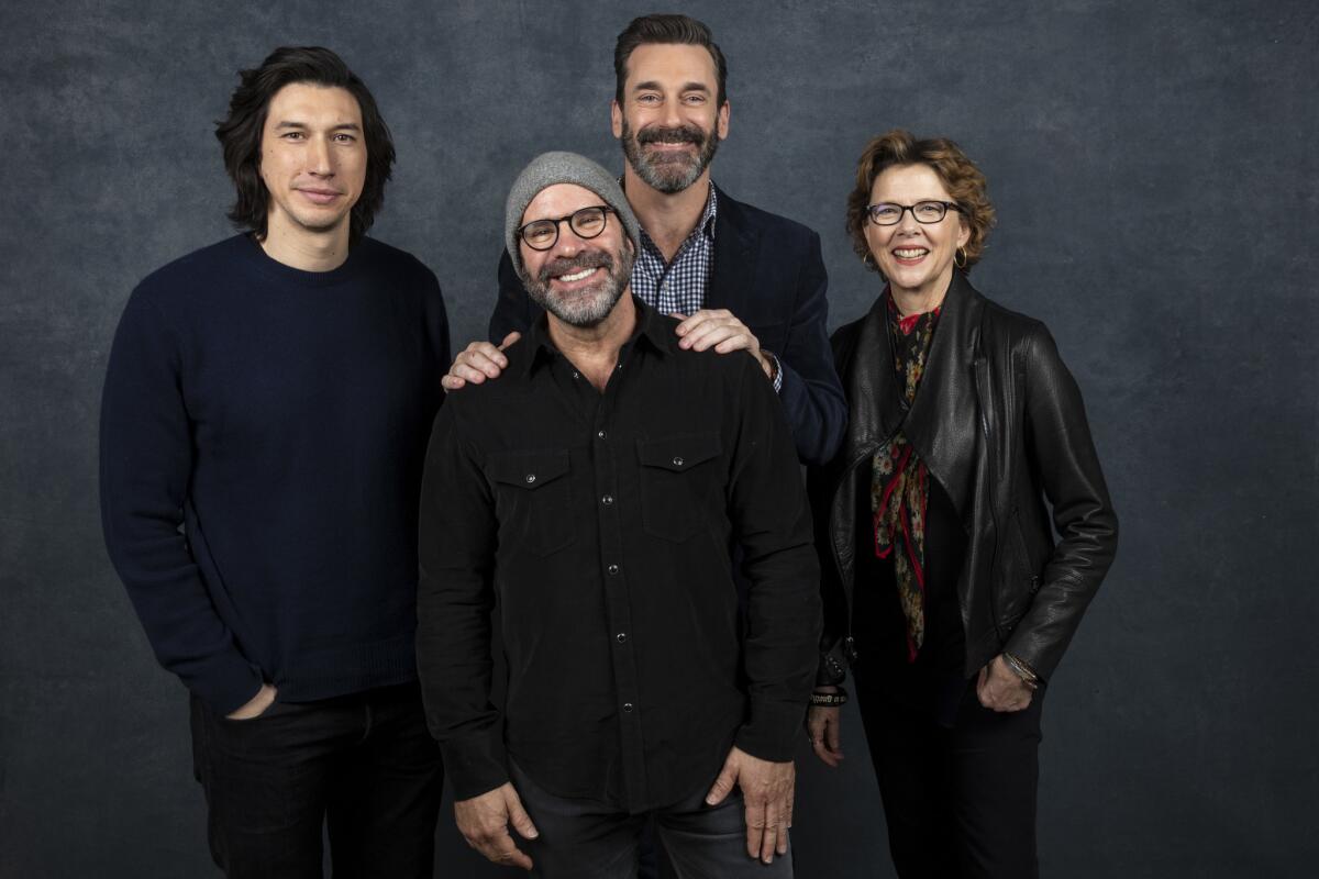 Actor Adam Driver, writer/director Scott Z. Burns, actor Jon Hamm and actor Annette Bening, from the film, "The Report," photographed at the L.A. Times Photo and Video Studio at the 2019 Sundance Film Festival