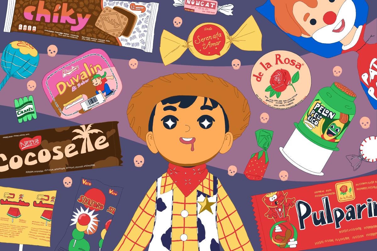 A kid in a "Toy Story" Halloween costume is surrounded by well-known “golosinas” in this illustration.