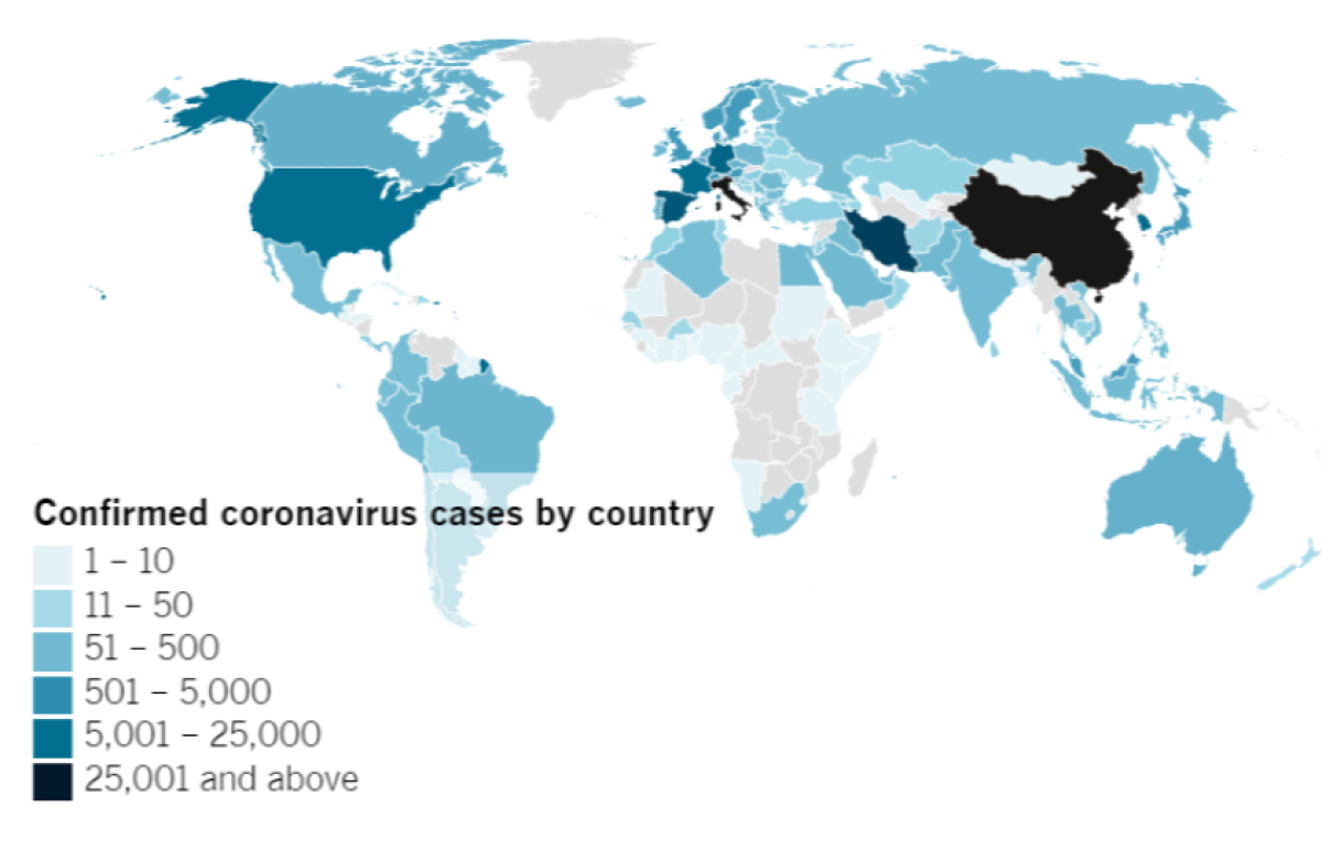 Confirmed COVID-19 cases by country as of 4:30 p.m. PT Tuesday, March 17.