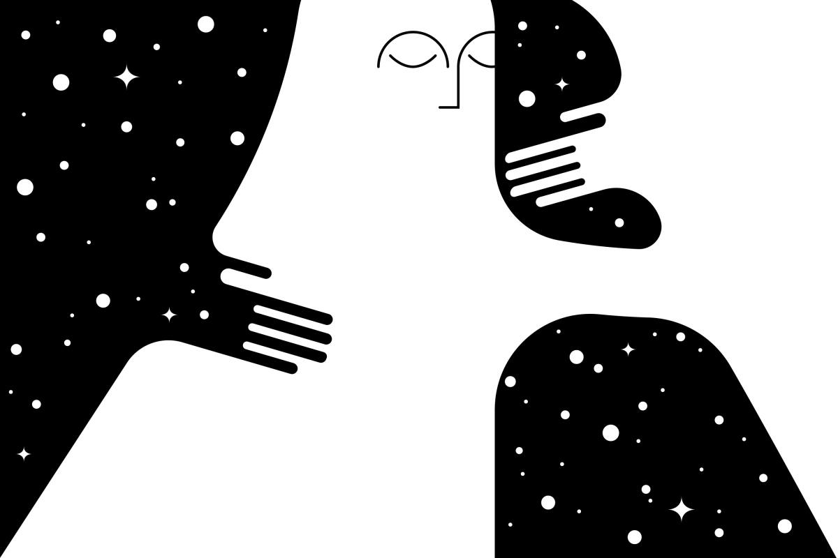 A light figure embraces an ambiguous figure resembling the night sky.