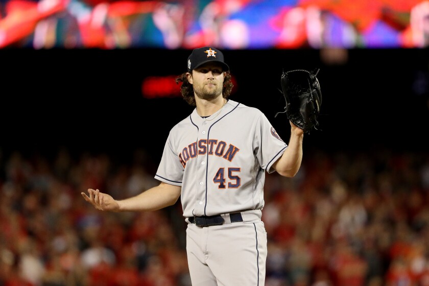 Right hander Gerrit Cole of the Houston Astros reacts during Game 5 of the World Series against the Washington Nationals.