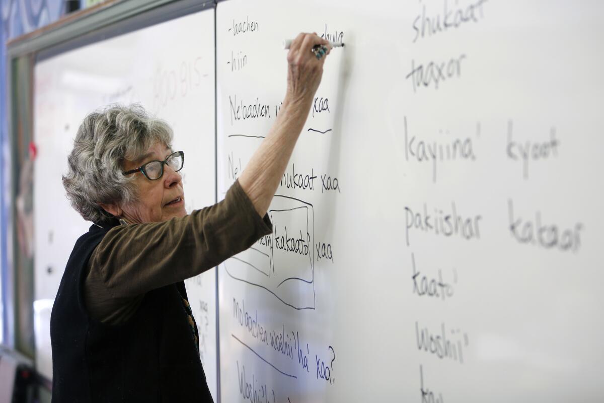 UCLA linguist Pam Munro leads a monthly class in San Pedro where students are trying to revive the lost language of Los Angeles' first people, Tongva.