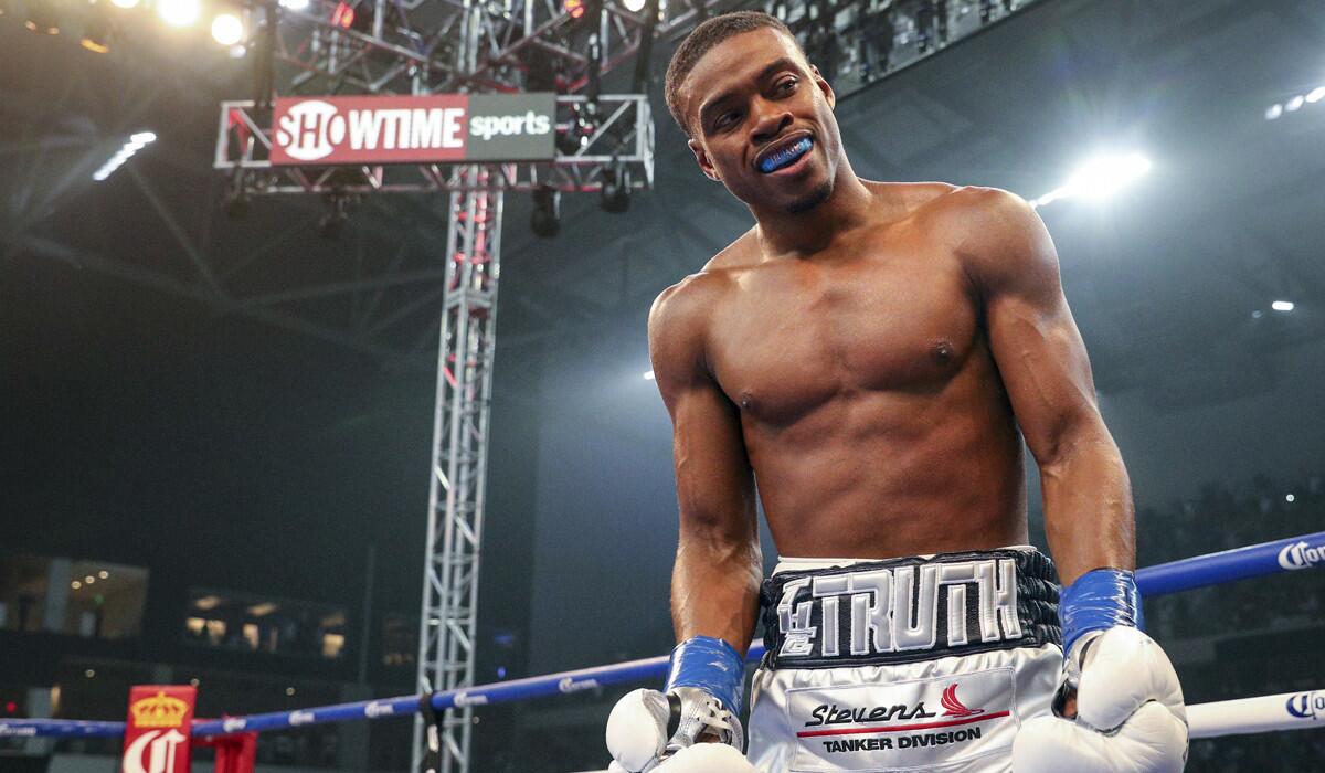 Errol Spence Jr. reacts after knocking out Carlos Ocampo in the first round of an IBF welterweight title fight on June 16, 2018, in Frisco, Texas.