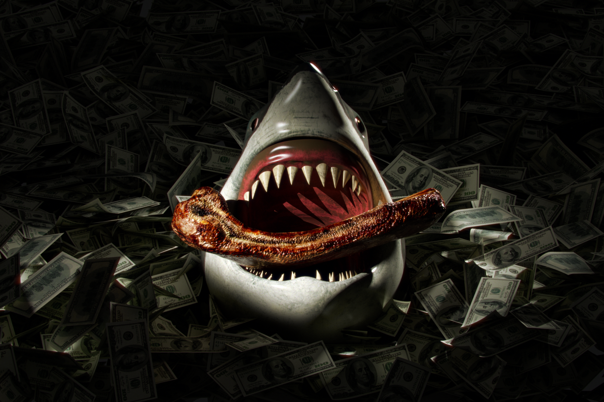 Illustration of a shark eating grilled ribs while surrounded by hundred-dollar bills