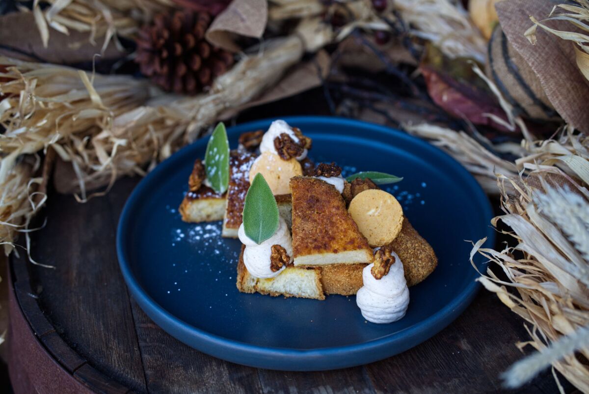 Cork & Craft's Pumpkin Spice French Toast comes with cinnamon whipped cream.