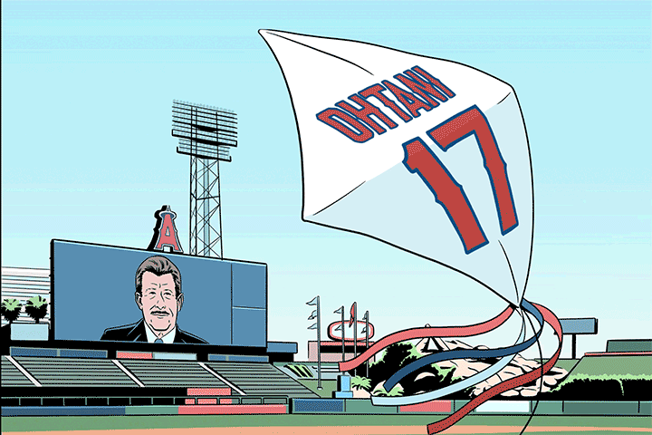 Illustration of a giant kite with Ohtani's name and #17 jersey flying away with Arte Moreno watching from a billboard