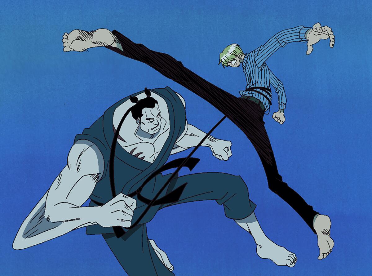 Cartoon scene of a blond man in formal wear kicking a big blue man with large elbows