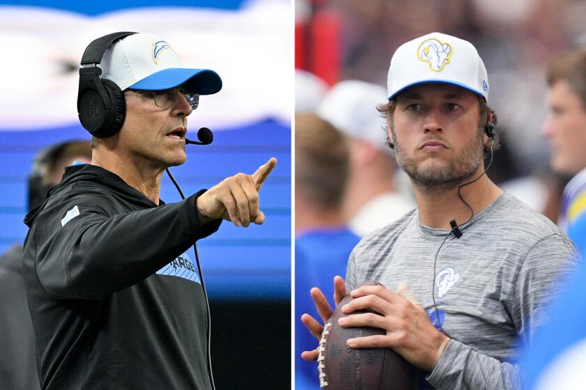 LEFT: Los Angeles Chargers head coach Jim Harbaugh signals from the sideline during the second half of a preseason NFL football game against the Dallas Cowboys, Saturday, Aug. 24, 2024, in Arlington, Texas.(AP Photo/Jerome Miron) RIGHT: Los Angeles Rams quarterback Matthew Stafford during the first half of an NFL preseason football game against the Houston Texans, Saturday, Aug. 24, 2024, in Houston. (AP Photo/Eric Gay)