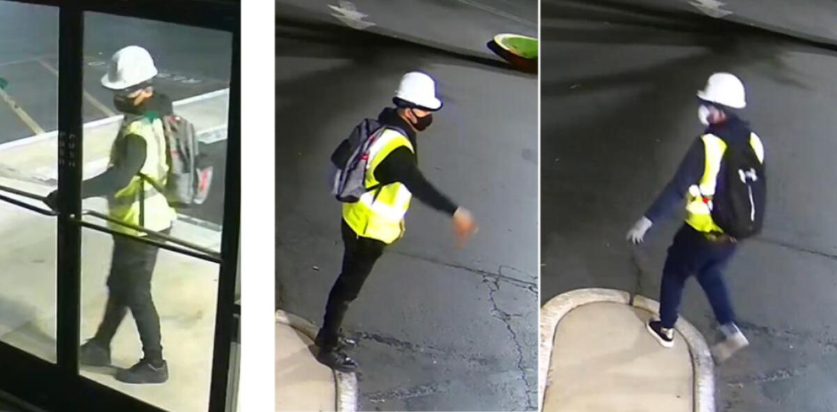 Three surveillance camera images of people wearing yellow vests, white worker hats and dark clothing.