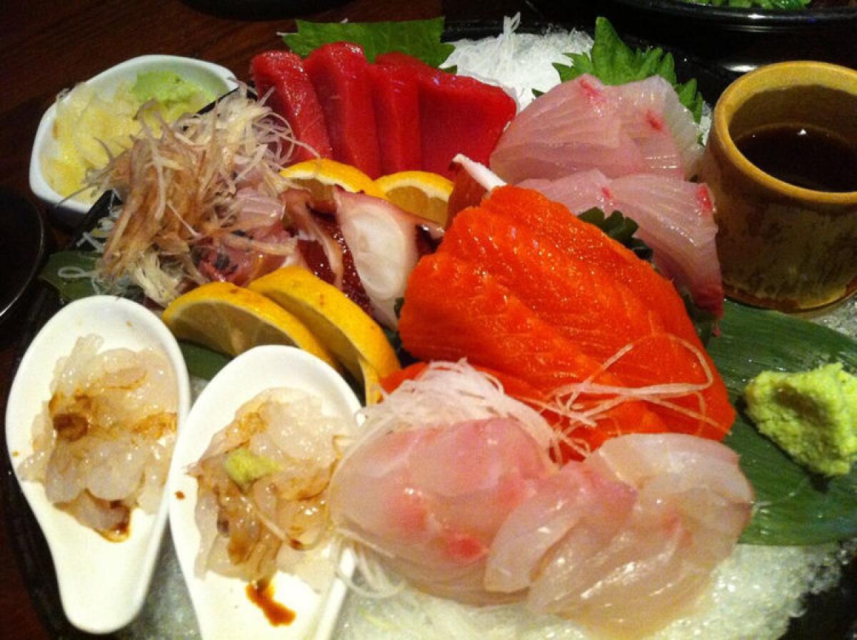 A specially arranged sashimi dish atop ice at Kanpai in Westchester, CA.