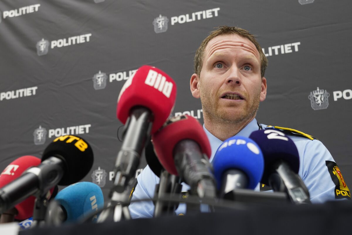 Police Inspector Per Thomas Omholt holds a press conference about the development in the murder case in Kongsberg, Norway, Friday, Oct. 15, 2021. The suspect in a bow-and-arrow attack that killed five people and wounded three in a small Norwegian town is facing a custody hearing Friday. He won’t appear in court because he has has confessed to the killings and has agreed to being held in custody. (Terje Bendiksby/NTB via AP)