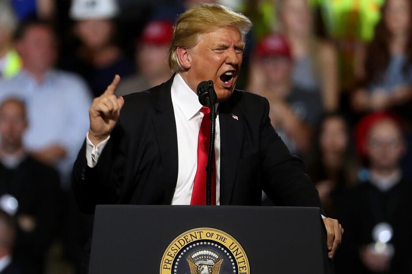 GREAT FALLS, MT - JULY 05: U.S. president Donald Trump speaks during a campaign rally at Four Seasons Arena on July 5, 2018 in Great Falls, Montana. President Trump held a campaign style 'Make America Great Again' rally in Great Falls, Montana with thousands in attendance. (Photo by Justin Sullivan/Getty Images) ** OUTS - ELSENT, FPG, CM - OUTS * NM, PH, VA if sourced by CT, LA or MoD **