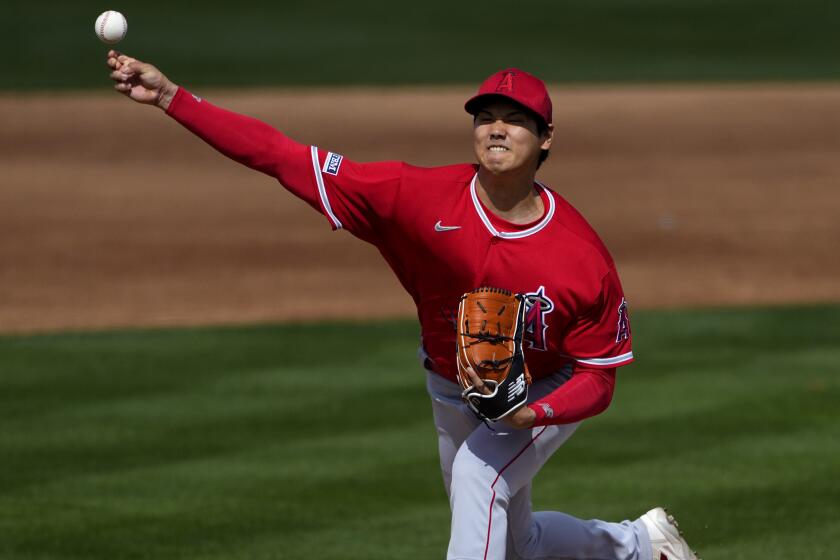 Los Angeles Angels starting pitcher Shohei Ohtani (17) throws against the Oakland Athletics.