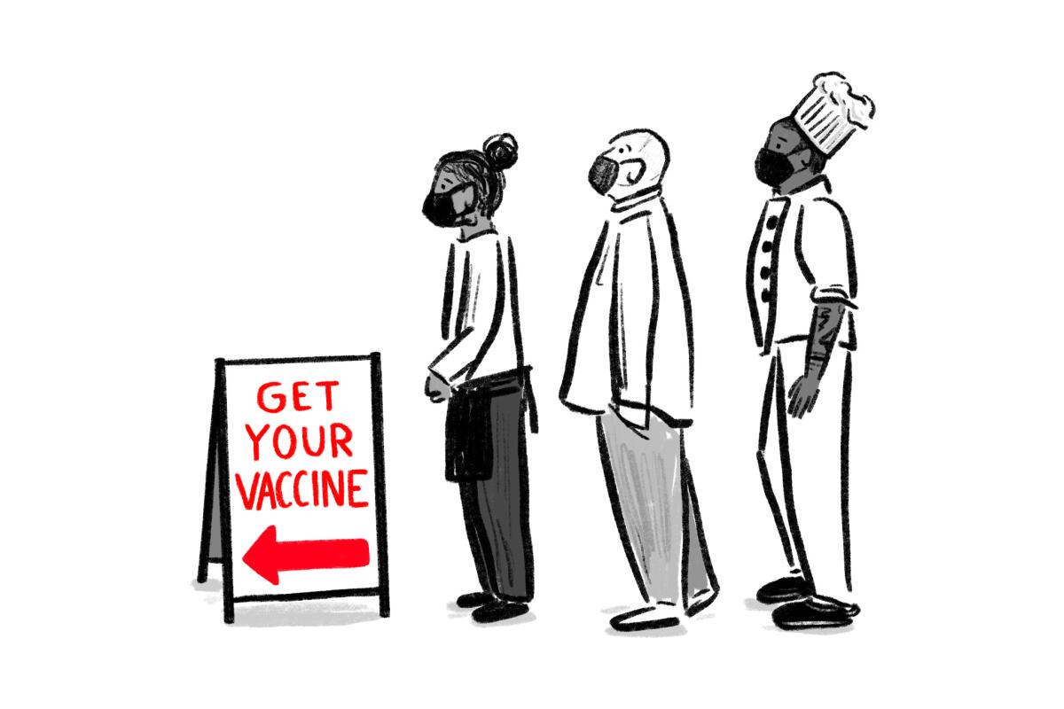 Illustration of people in chef's aprons and hats line up to receive the vaccine