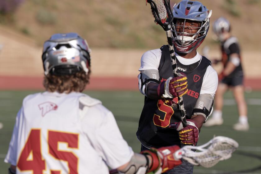 SAN DIEGO, CA - MAY 09, 2024: Torrey Pines lacrosse player SJ Dohrenwend during practice at Torrey Pines High School in San Diego on Thursday, May 09, 2024.