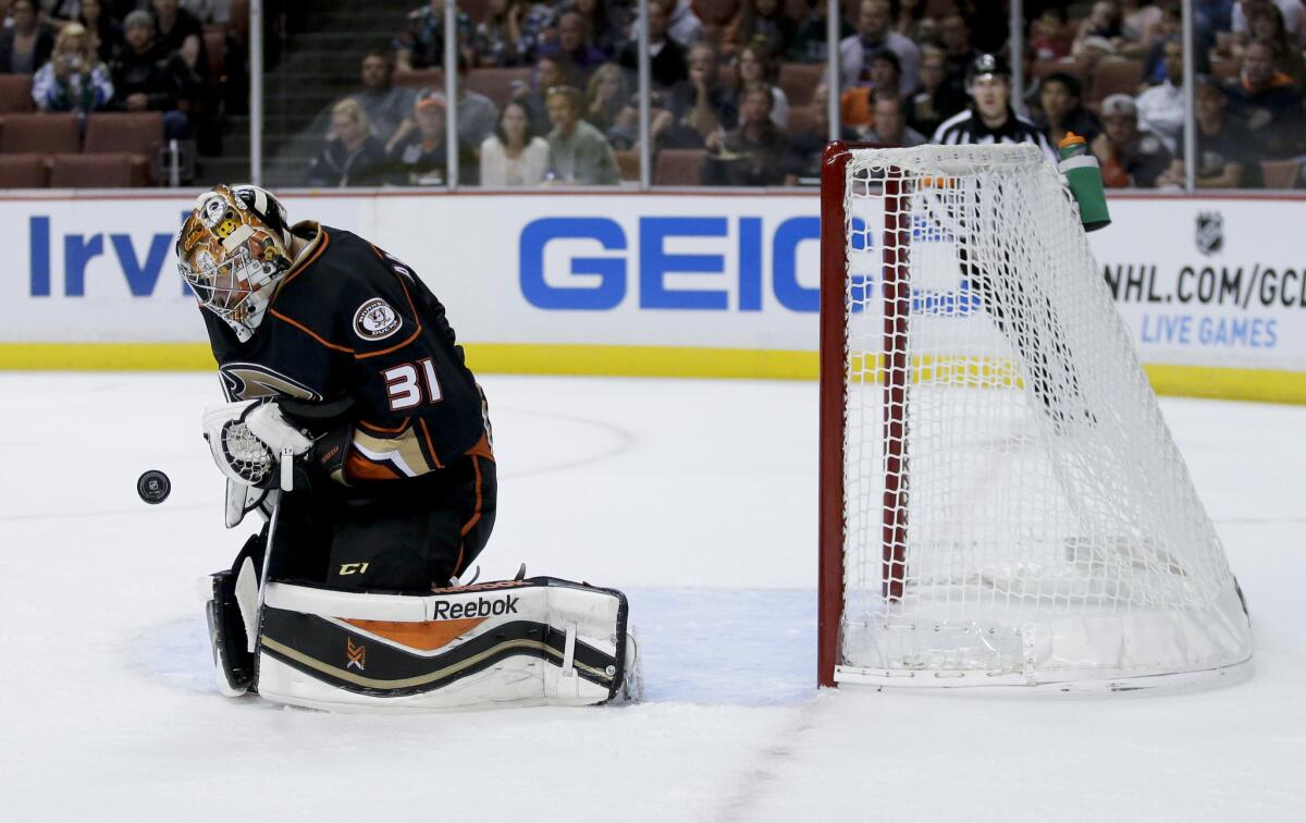 Ducks goalie Frederik Andersen blocks a shot against the Colorado Avalanche on Sept. 22.