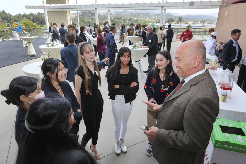 San Marcos, CA - May 19: At the Mission Hills High School after school Future Center event school Principal Cliff Mitchell speaks to a group of interested 11th. graders about education and careers. (Charlie Neuman / For The San Diego Union-Tribune)
