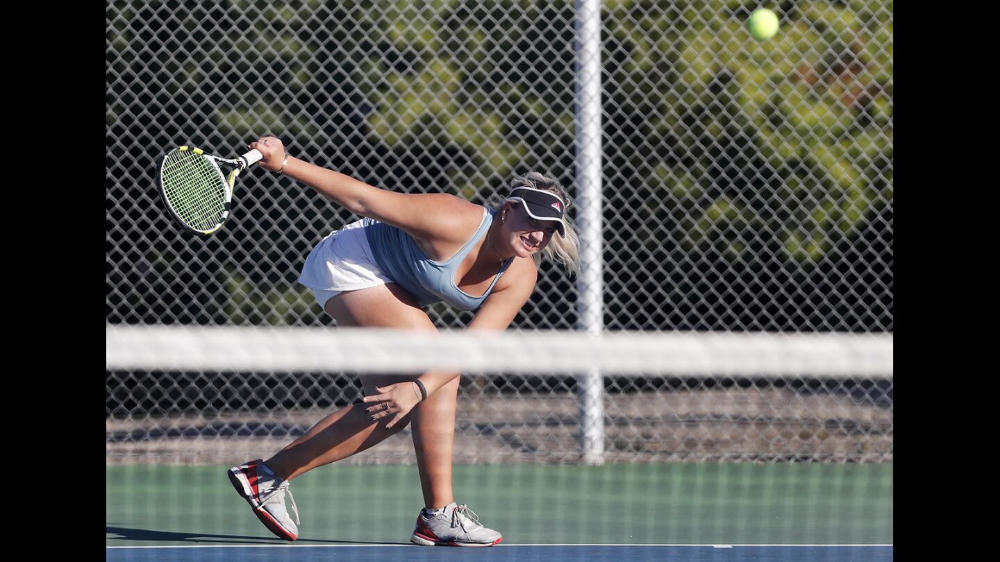 Corona del Mar High's Kristina Evloeva competes as the No. 3 singles player against Palos Verdes Peninsula in a nonleague match on Wednesday, Oct. 17.