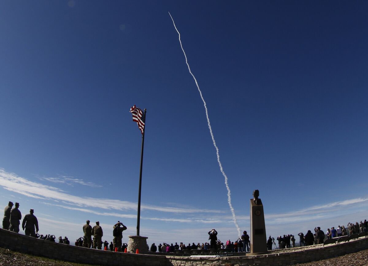 A rocket interceptor soars toward space from Vandenberg Air Force Base on Jan. 28, 2016. It veered far off-course after one of its thrusters shut down.