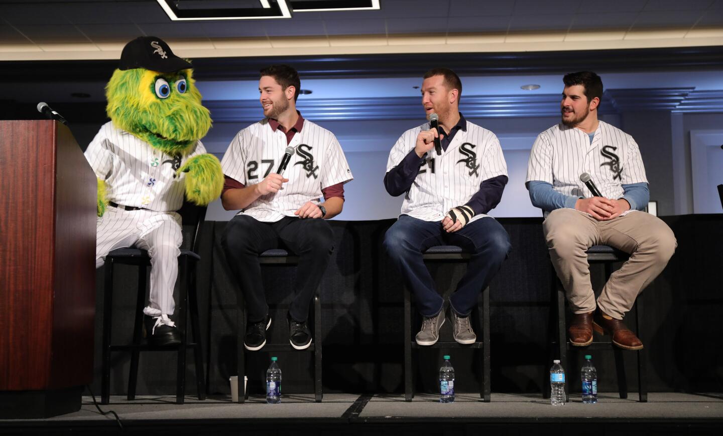 Southpaw interacts with Lucas Giolito, Todd Frazier and Carlos Rodon during SoxFest at the Hilton Towers on Jan. 28, 2017.