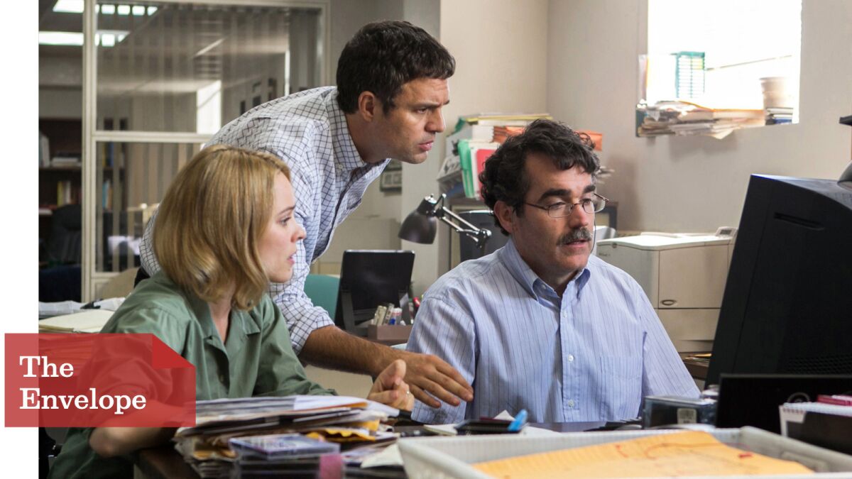 Rachel McAdams, Mark Ruffalo, center, and Brian d’Arcy James play Boston Globe journalists documenting sex abuse by priests in "Spotlight."