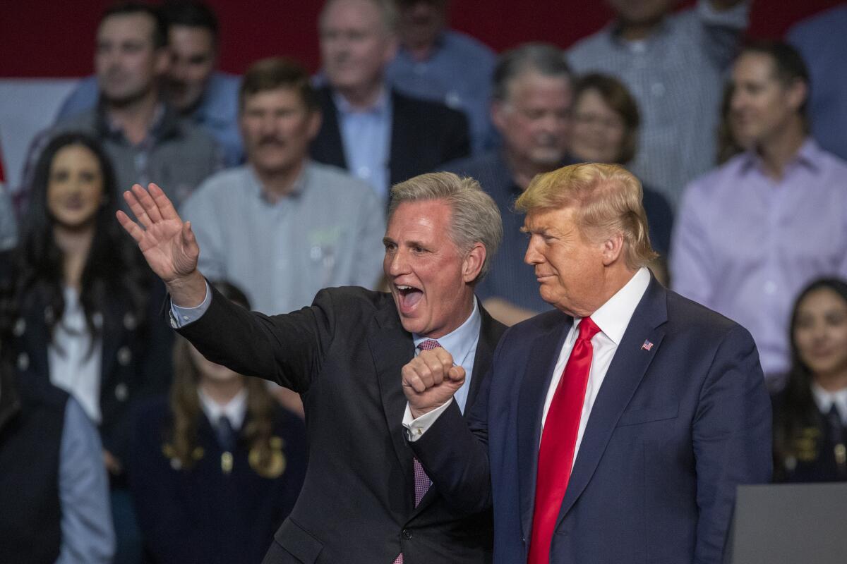 Rep. Kevin McCarthy and then-President Trump attend a Bakersfield rally with farmers in 2020.