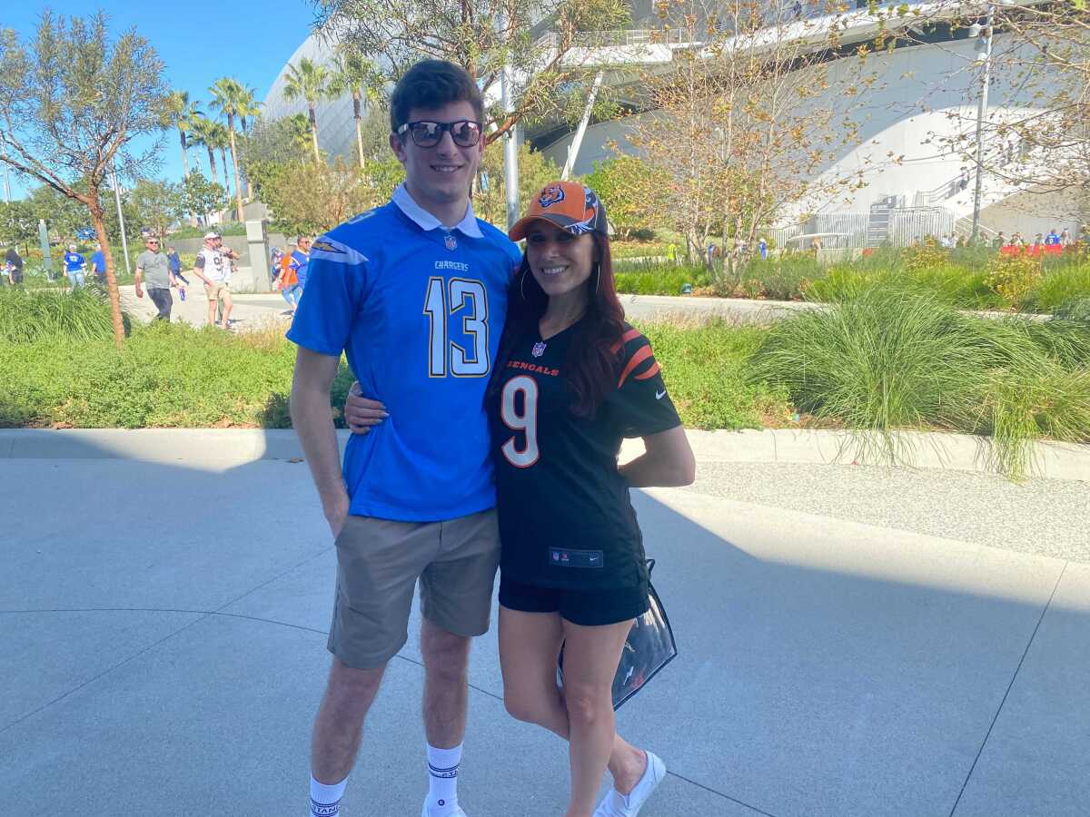 Alida Campbell and son PJ Campbell stand outside SoFi Stadium before Super Bowl LVI on Sunday.