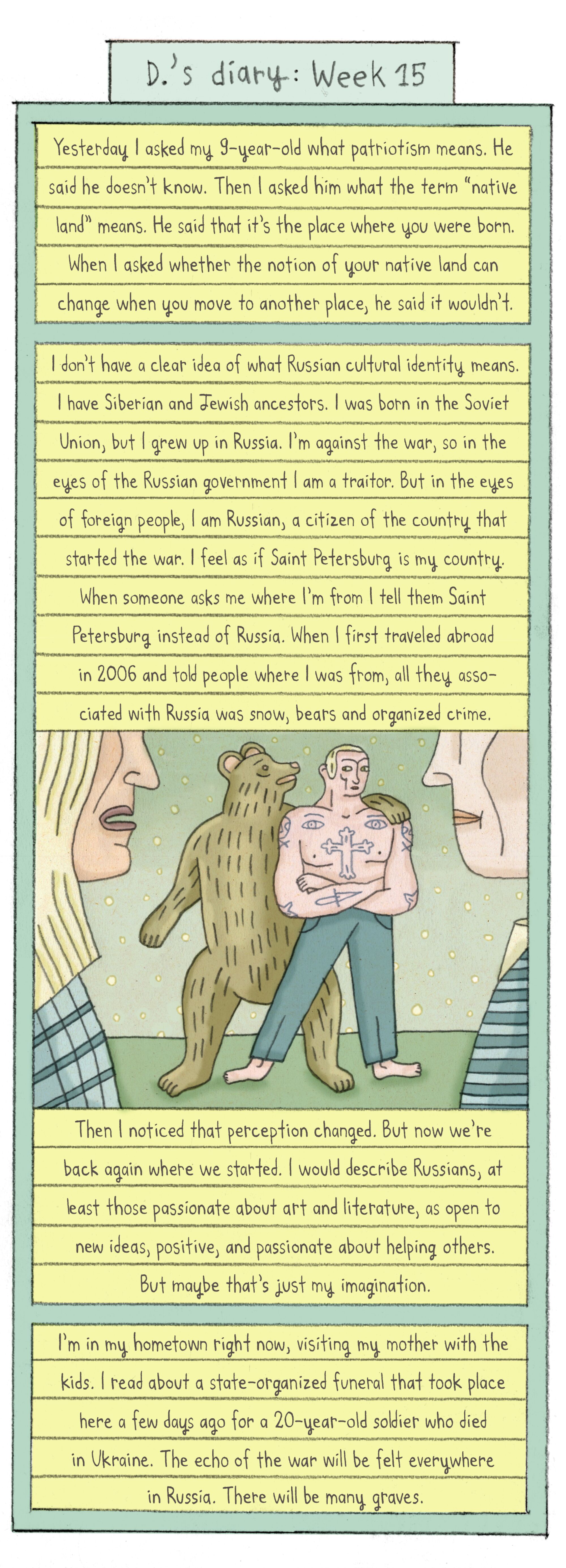 comic depicting a bear and a tattoo'd man standing. In the foreground two cropped faces are talking.