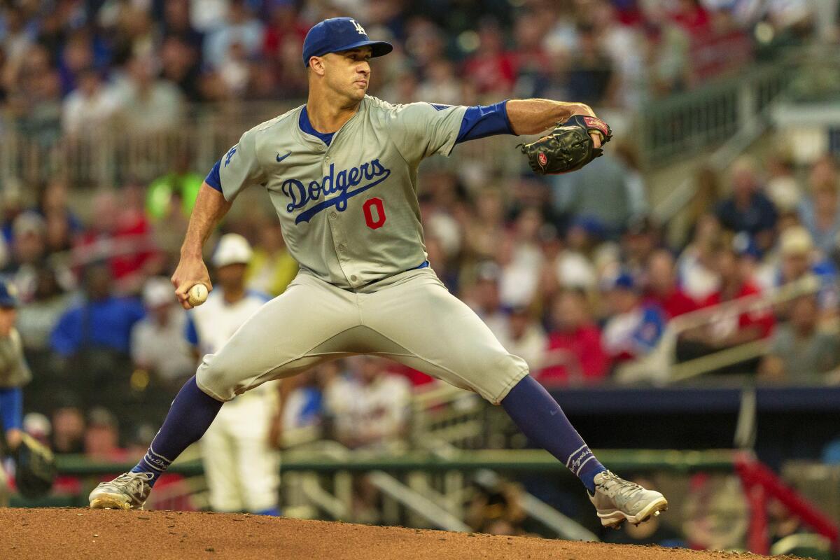 Dodgers pitcher Jack Flaherty delivers in the first inning of a 10-1 loss to the Atlanta Braves.