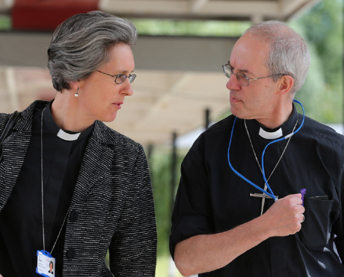 Archbishop of Canterbury Justin Welby, right, breaks for lunch with his chaplain Jo Wells during the Church of England General Synod in York.
