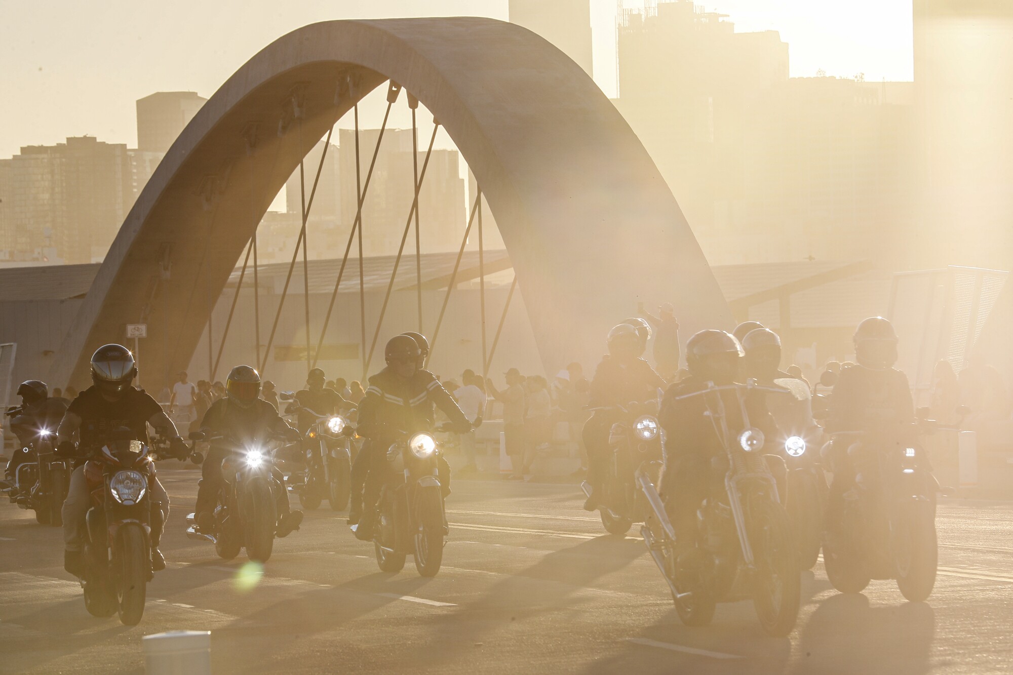 Motorcyclists rides on the 6th Street Viaduct as it opens for traffic.
