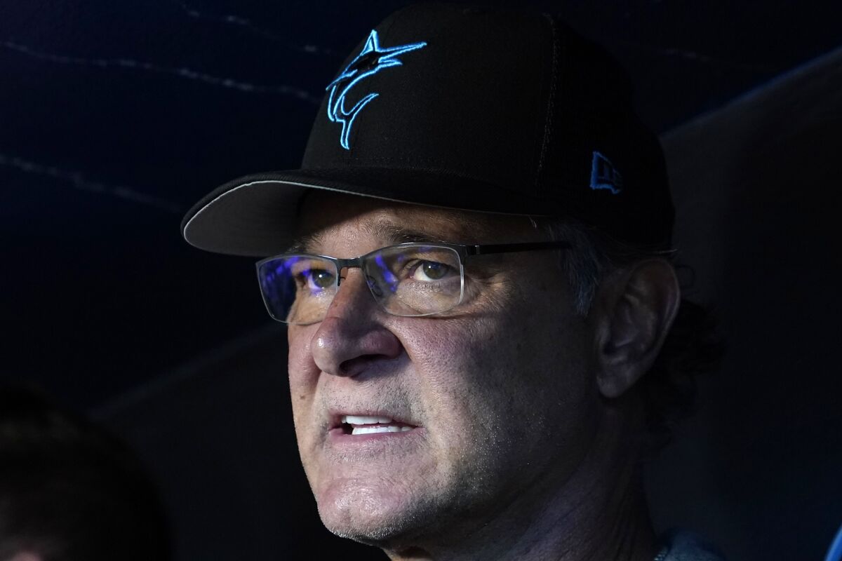 Miami Marlins manager Don Mattingly talks with the news media before a baseball game against the Philadelphia Phillies, Sept. 13, 2022, in Miami. Mattingly will not be back as manager of the Marlins next season, a person with knowledge of the matter said. Mattingly’s contract expires when the season ends and he and the team have agreed that a mutual parting is best for both sides, according to the person, who spoke Sunday, Sept. 25, 2022 to The Associated Press on condition of anonymity because there had been no public announcement. (AP Photo/Lynne Sladky)