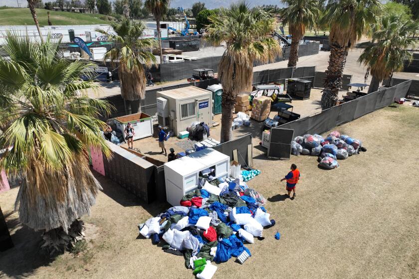 Indio, CA - April 29: A large pile of sleeping bags, pillows and bedding left behind in the camping area after the Stagecoach Festival, which concluded Sunday at the Empire Polo Fields in Indio Monday, April 29, 2024. A lot of it gets collected and given to charitable organizations. Some common items are inflatable swimming pools, sleeping bags, chairs, coolers, etc. (Allen J. Schaben / Los Angeles Times)
