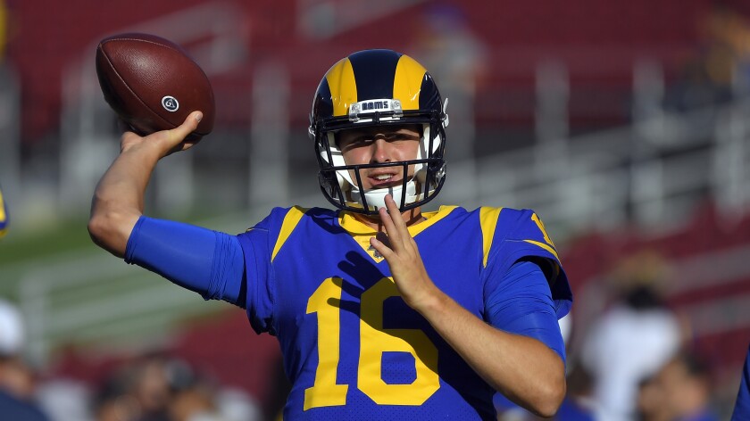 Rams quarterback Jared Goff throws before the start of a preseason game against the Denver Broncos on Aug. 24.