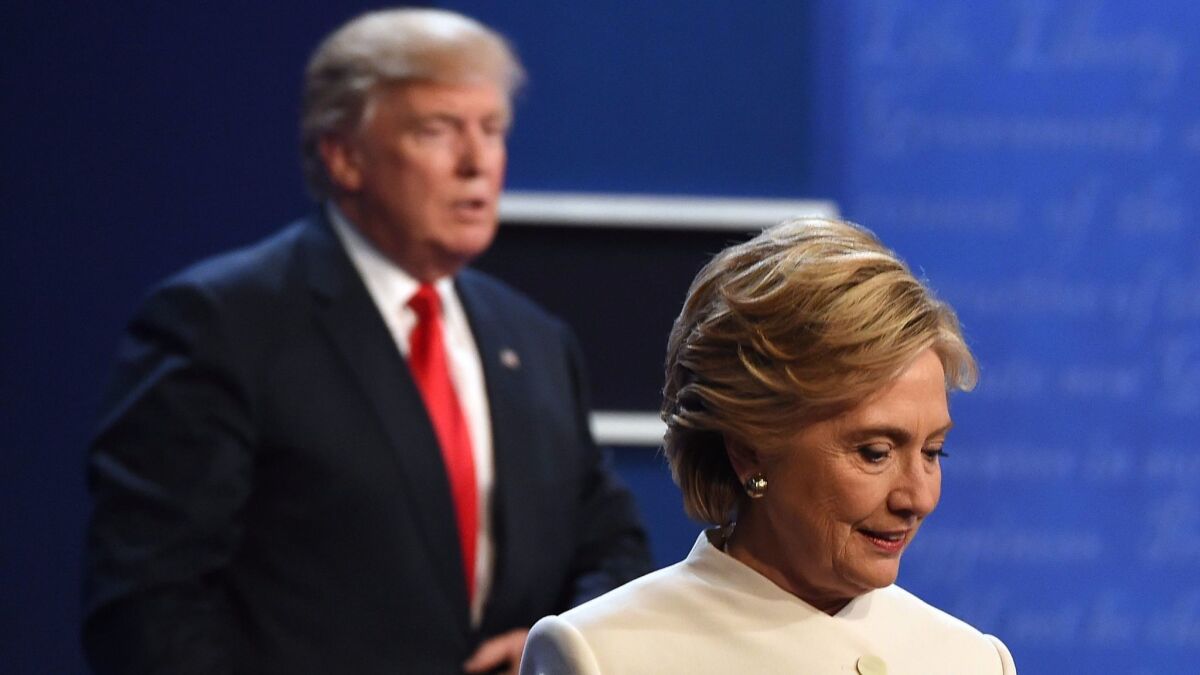 Donald Trump and Hillary Clinton during the second presidential debate, Oct. 19, 2016 (Robyn Beck / AFP/Getty Images)