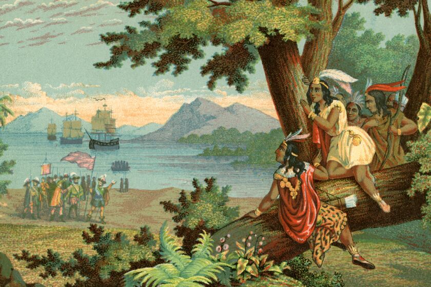 Vintage illustration of Christopher Columbus arriving in the New World; chromolithograph, 1900. (Photo by GraphicaArtis/Getty Images)